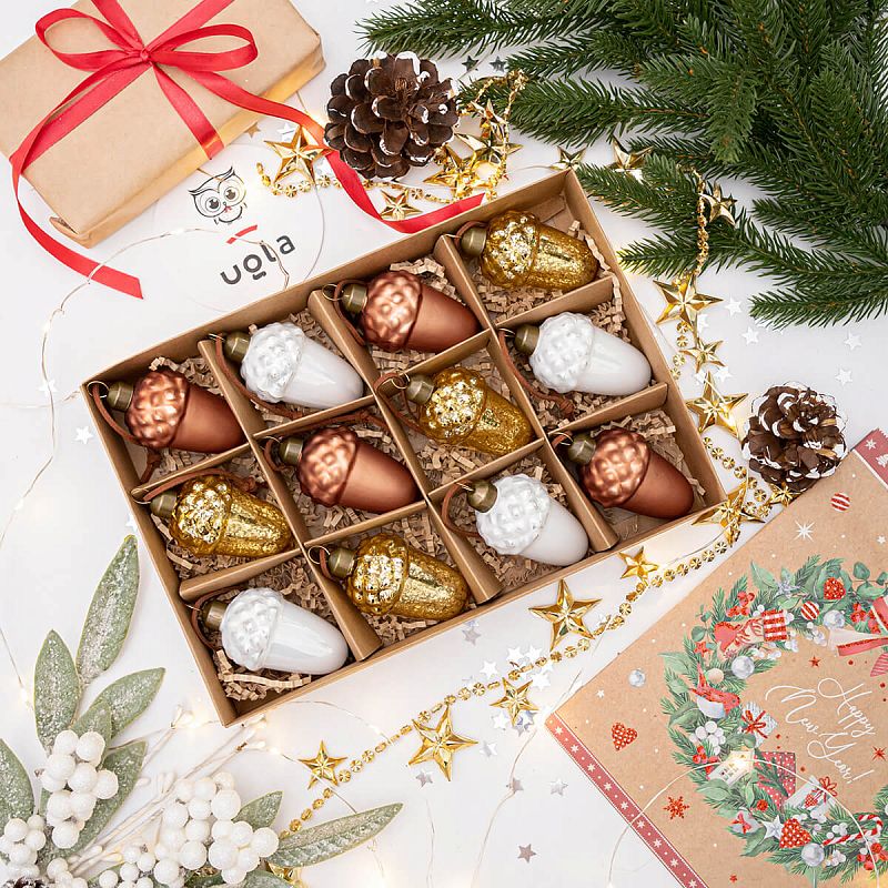 Набор стеклянных новогодних украшений "Желуди" 12 шт 6.5 см, золото/белый/коричневый (1/8/36)