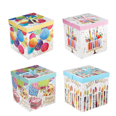 Коробка подарочная складная с лентой, бумага с фольгир. слоем, 30х30х30см, С Днем Рождения, 4диз.(8/