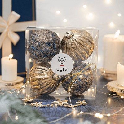 Набор рельефных новогодних шаров 4 шт.,D-8 см.,"Звездная ночь", гол/синий/коричн/золото пласт.(1/72)