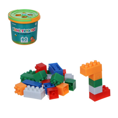 Конструктор с сортером "Крупные детали", 60 дет, РР, 14х14х13см, 2 диз ИГРОЛЕНД (1/84)