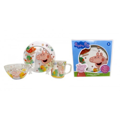 Набор 3пр "Свинка Пеппа" кружка 250мл, салатник 13см, тарелка 19,5см п/у (стекло) (1/5)