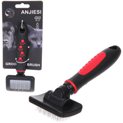 Расческа-пуходерка д/животных "ПРОФФ - МОЙ БРО", прор.ручка, цвет красный/черный 7*16,5см 