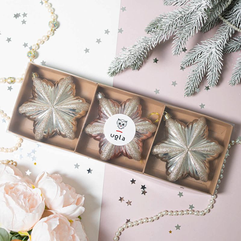 Набор новогодних елочных украшений 3 шт,12.4см "Пуансеттия",св.роз/св.беж/св.шампань.пластик(1/24)