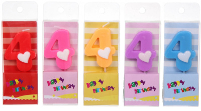 Свеча для торта Цифра Сердечко "4" 9 см, микс цветов (1/60)