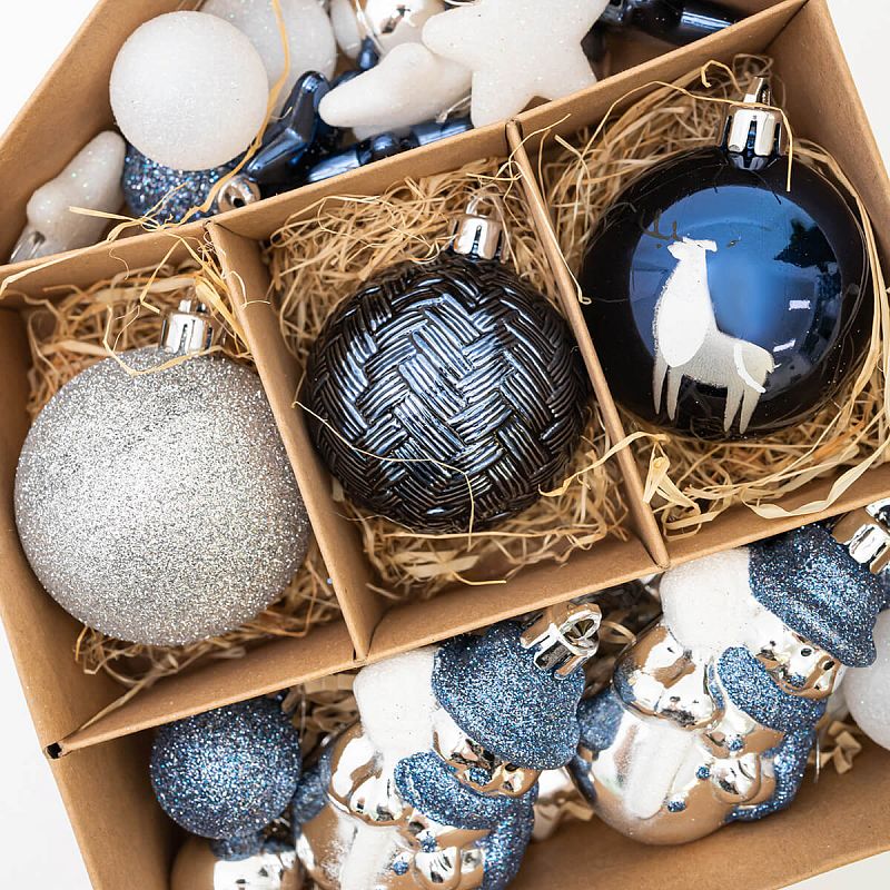 Набор новогодних елочных украшений 26 шт, синий/т.синий/сер/белый,микс форм,6+3.8+8+3см пласт.(1/18)