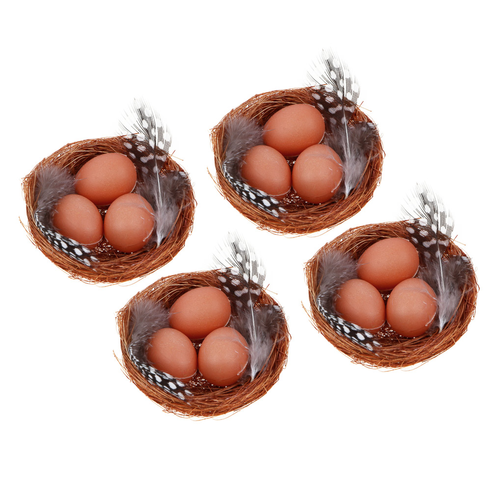 Декор Пасхальный в виде яиц в корзинке, набор 4 шт, 6.5 см, пластик, сизаль(6/324)
