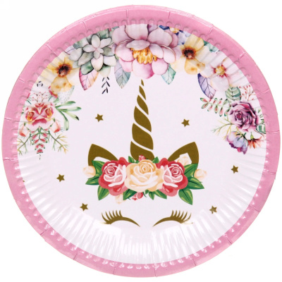 Тарелка бумажная 18 см в наборе 10 шт "Единорожка в цветах" розовая(1/1)