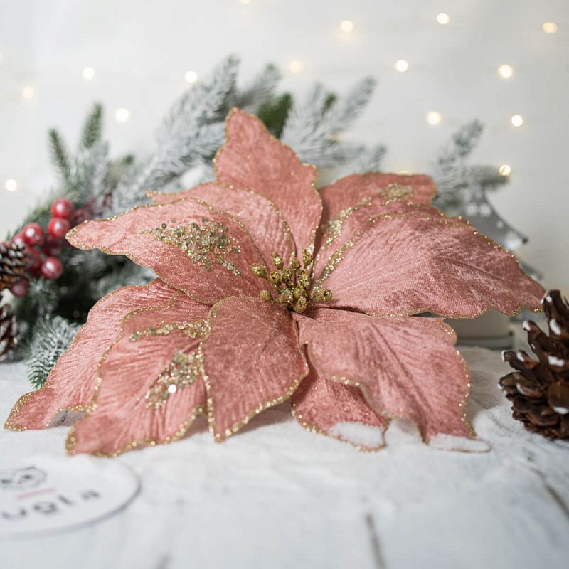 Цветок декоративный рождественский 28.5 см, розовый, текстиль (1/12/48)