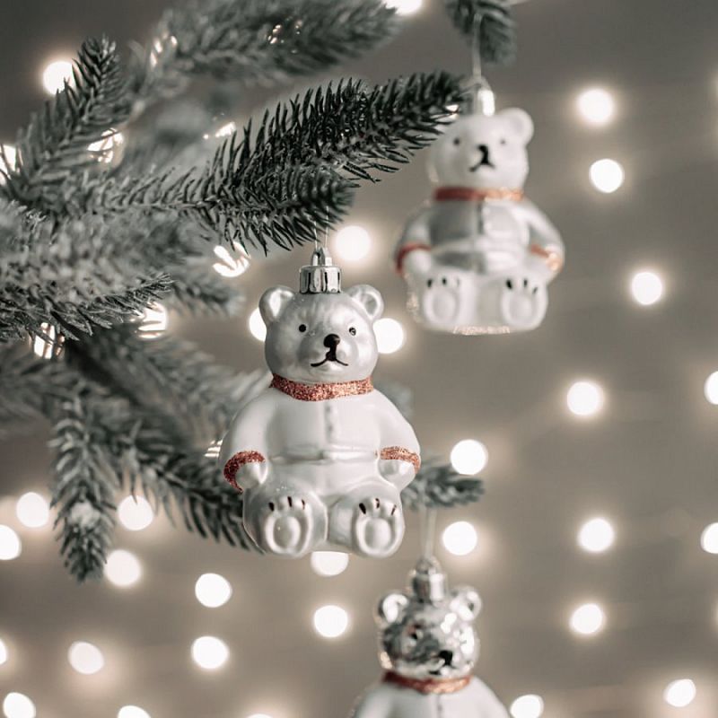 Набор новогодних елочных игрушек  3 шт 8.5 см, "Мишка в свитере", серебро, пластик (1/50)