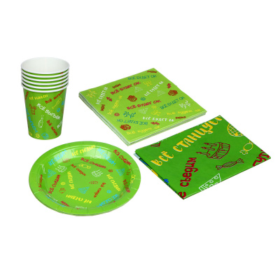 Набор одноразовой посуды (стаканы 6шт, тарелки 6шт, салфетки 12шт, скатерть) цв.салат.ВСЁГАЗИН(1/48)