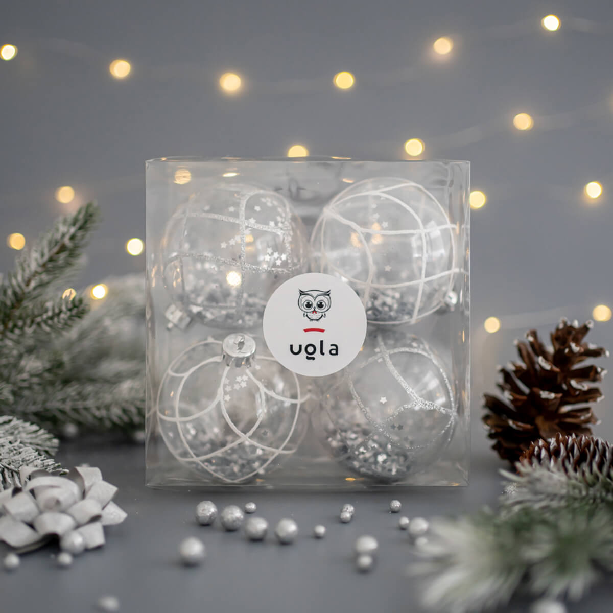 Шар прозрачный новогодний 4 шт., D-8 см., с орнаментом и блестками внутри, серебро,  пластик(1/1/36)