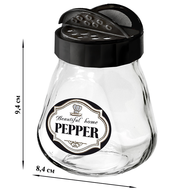 Банка д/хран. специй стекл. 260 мл с  чёрной крышкой-дозатором "Beautiful home PEPPER (чер-бел)"(9)