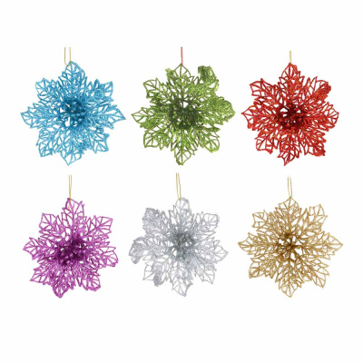 Набор подвесок декор., 6 шт. в виде пуансеттий, глиттер, 6цв, пластик, 10x10см СНОУ БУМ (1/1)