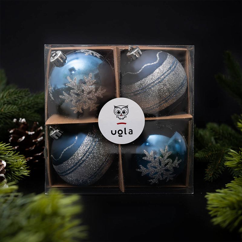 Набор новогодних шаров с рисунком 4 шт., D-8 см., синий/серебро, пластик (1/24)