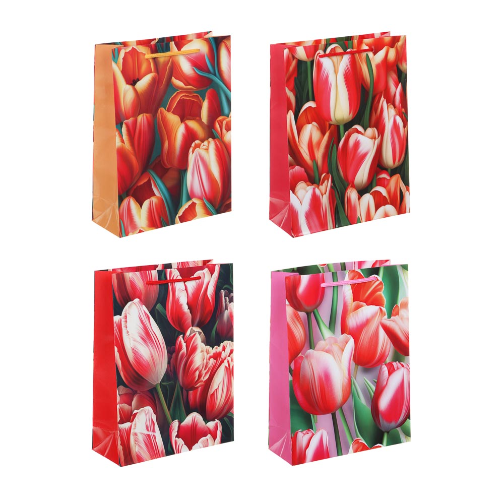 Пакет подарочный бумажный, 18x24x7 см, тюльпаны, 128 гр, 4диз (12/12)