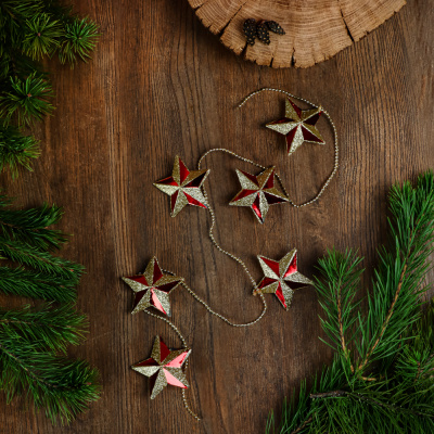 Бусы декоративные со звездами, пластик, 100 см, красный/золотой СНОУ БУМ (24/144)