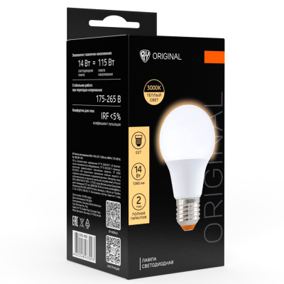 Лампа светодиодная A60 14 Вт, E27, 1260 Лм, 3000 K, 175-265 В, Ra>80,IRF<5%,IC,2года гар.(10/10/100) Лампа светодиодная A60 14 Вт, E27, 1260 Лм, 3000 K, 175-265 В, Ra>80,IRF<5%,IC,2года гар.(10/10/100)