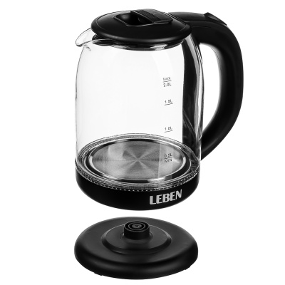 Чайник электрический, 2 л, 1500 Вт, c LED подсветкой, стекло, черный LEBEN (1/12)