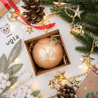 Шар стеклянный новогодний D-8 см с рисунком "Елочка", золото/коралловый (1/12/96)