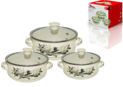 Набор мини-кастрюль 6пр (кастр. 0,5л,0,8л, 1,2л) с/кр, с рис (эмаль) (12)