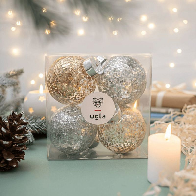 Набор прозрачных новогодних шаров 4 шт., D-8 см., с блест внутри, светлое зол/серебро, пласти(1/1)