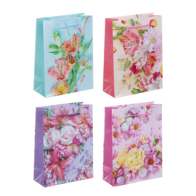 Пакет подарочный бумажный, 16x12x5.5 см, цветы, 128 гр, 4диз (12/12)