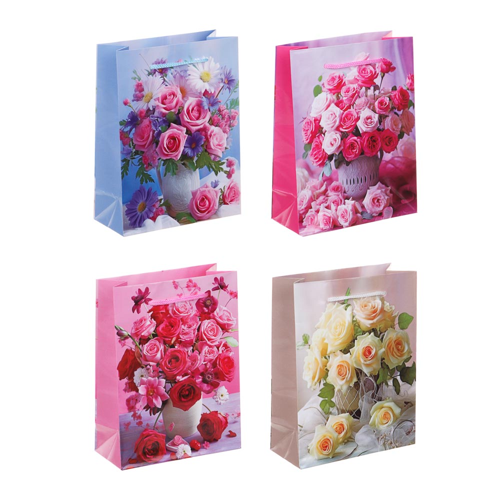 Пакет подарочный бумажный, 16x12x5.5 см, цветочная абстракция, 128 гр, 4диз (12/12)