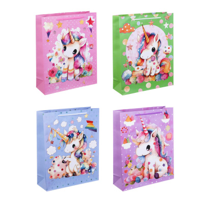 Пакет подарочный бумажный, 26x32x9 см, 128 гр, 4 диз, Единороги (12/12)