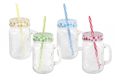 Бокал с ручкой, крышкой и трубочкой Кенди (4цв) (1/48)