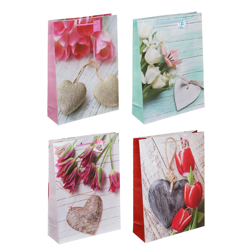 Пакет подарочный, бумажный, 30x41x11 см, 4 диз, сердца и цветы LADECOR (12/240)