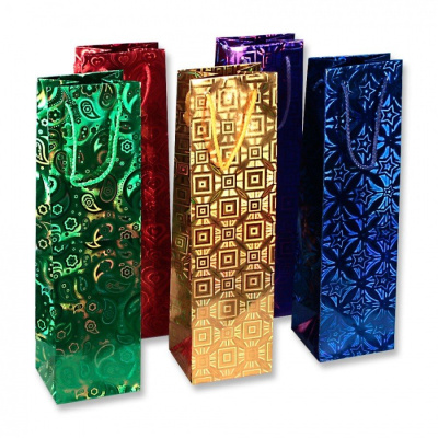 Пакет бумажн. подарочн. 6*26*5см "Ассорти.Голография" под бутылку (без ШК) (20/20)