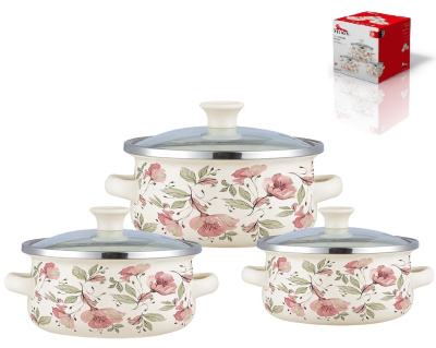 Набор мини-кастрюль, 6 пр. Flowers (кастр. 0,5;0,8;1,2л) эмал.сталь п/у (12)