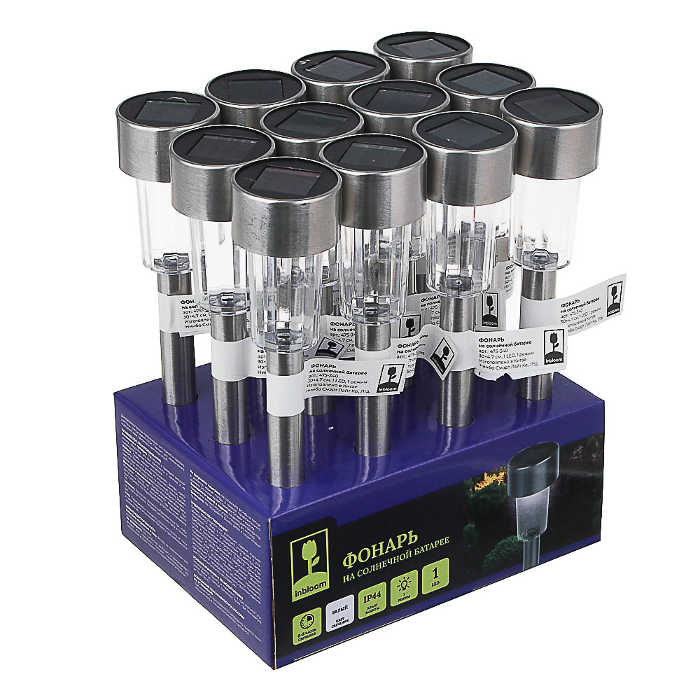 Фонарь на солнечной батар., 30х4.7см, 1LED, белый, 1.2V 40mAh Ni-MH, пластик, нжс INBLOOM (1/12)