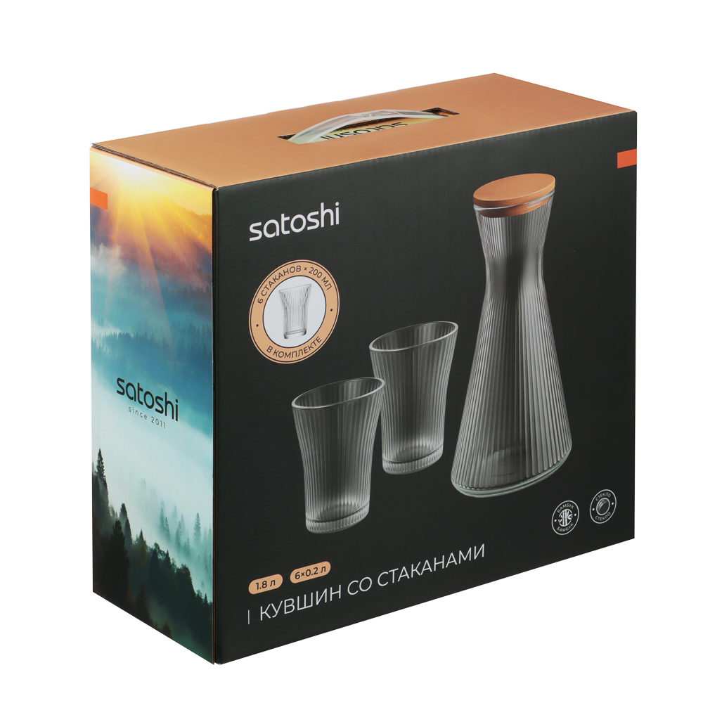 Набор Кувшин 1,8л, 6 стаканов 200мл, стекло, бамбук SATOSHI (1/12)