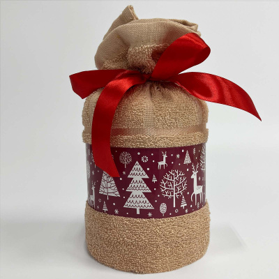 Полотенце подарочное "Новогодний мешочек" 70х130, 360гр./м2, бежевый (1/9)