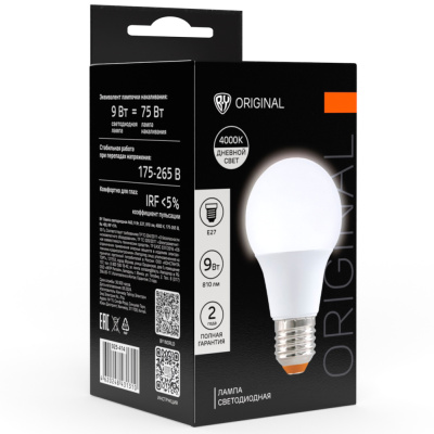 Лампа светодиодная A60 9 Вт, E27, 810 Лм, 4000 K, 175-265 В, Ra>80, IRF <5%,IC, 2 года гар.(10/10/10 Лампа светодиодная A60 9 Вт, E27, 810 Лм, 4000 K, 175-265 В, Ra>80, IRF <5%,IC, 2 года гар.(10/10/10