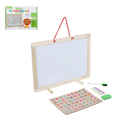 Доска магнитно-маркерная + алфавит, цифры, маркер, мелки3шт., губка, 37х28см, дерево, пластик (1/24)