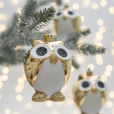 Набор новогодних елочных игрушек 4 шт.,10 см., "Совята", светлое золото, пластик(1/25)