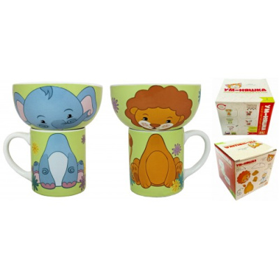 Набор "Слонёнок и Львёнок" 2 пр.: кружка 200 мл, миска 300 мл в под.уп.керам.(1/24)