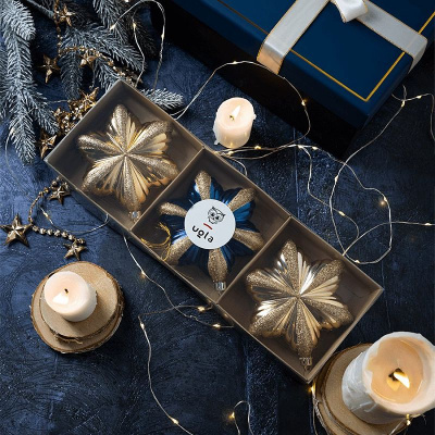 Набор новогодних елочных украшений 3 шт.,12.4 см., "Пуансеттия", глубокий синий/золото, пласт(1/24)