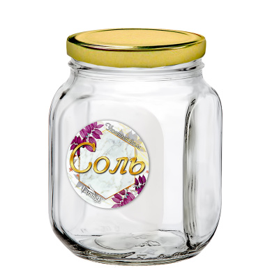 Банка д/хранения стекл. 0,65 л с мет. крышкой, СОЛЬ золото (1/6)