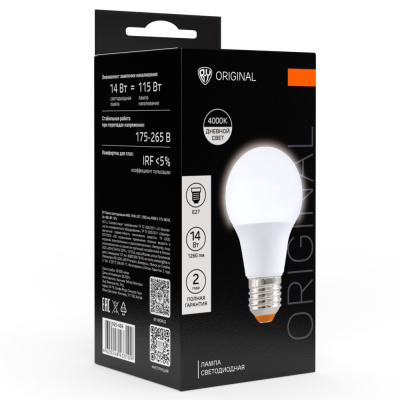 Лампа светодиодная A60 14 Вт, E27, 1260 Лм, 4000 K, 175-265 В, Ra>80, IRF <5%,IC, 2 года гар.(10/10/ Лампа светодиодная A60 14 Вт, E27, 1260 Лм, 4000 K, 175-265 В, Ra>80, IRF <5%,IC, 2 года гар.(10/10/