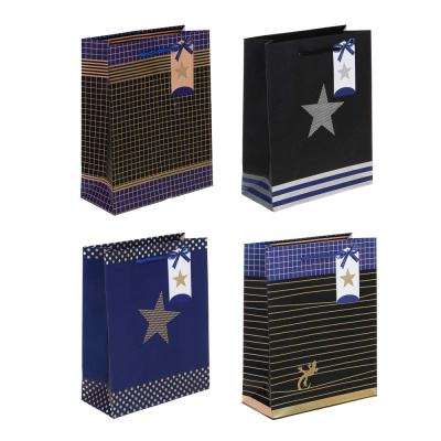 Пакет подарочный из высококач. бумаги, тиснение фольгой, 18x23x8см, мужской, 210гр, 4 диз (12/12)