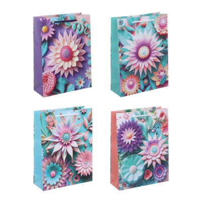 Пакет подарочный бумажный, 18x24x7 см, цветочный узор, 128 гр, 4диз (12/12)